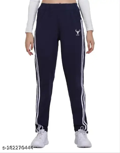 Navy tracksuit pants, white stripe accents