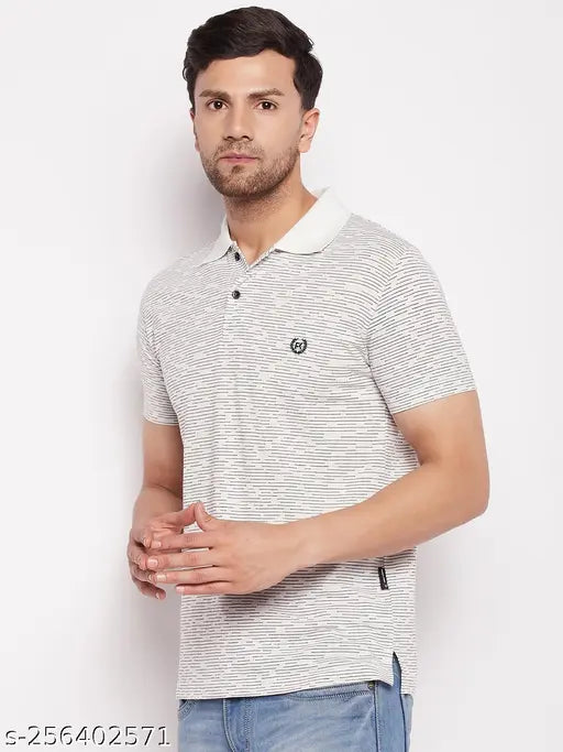 White striped cotton half sleeve polo shirt for men, self-designed by First Krush, size M (Chest 38in, Length 27in)