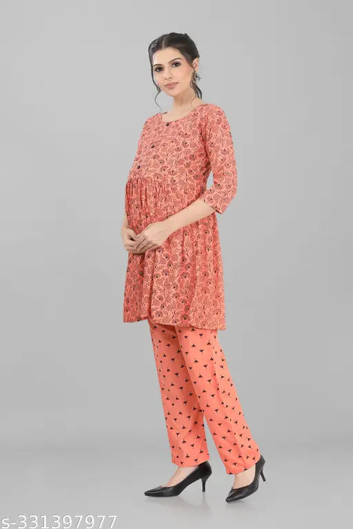 Rayon maternity night suit set (top & bottom), solid color for feeding and comfort during pregnancy