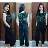 Green Lycra sleeveless embellished net jump suit, high quality imported with sequence, elegant and stylish for women & girls
