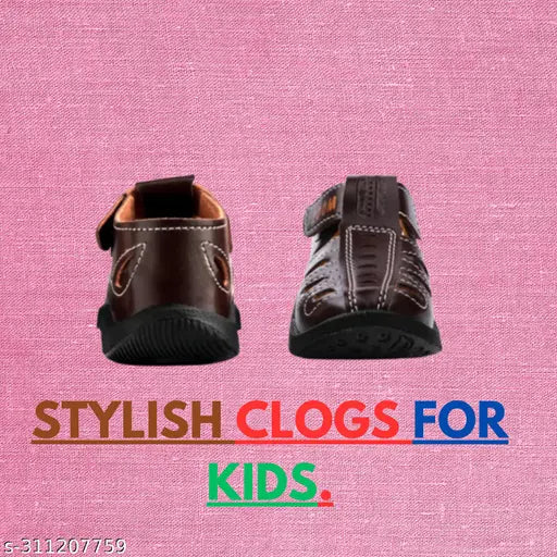 Style of kids' shoes. This is a pair of lightweight, light brown casual sandals for boys and girls, featuring closed toes and an open-back design. They appear comfortable and suitable for walking and running in a variety of settings