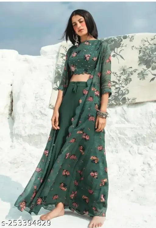 Green Georgette embroidered Anarkali Kurta with three-quarter sleeves, office wear for girls (size S)