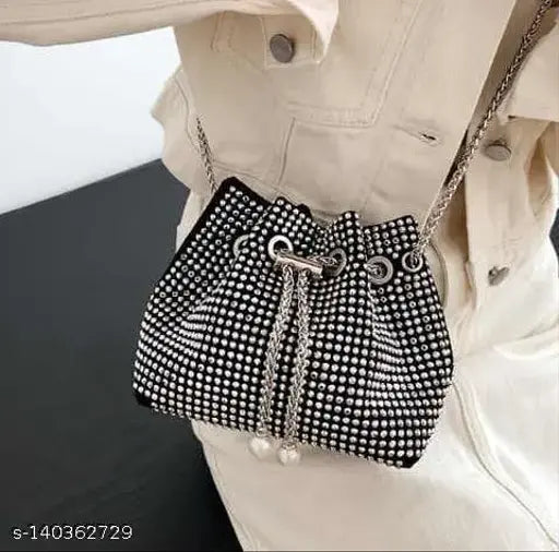 Synthetic rhinestone bucket bag, single handle, soft structure, fashionable accessory for women's handbags, solid pattern with interior slot pocket, 7x2x5 inches, origin from Fujian Province, China