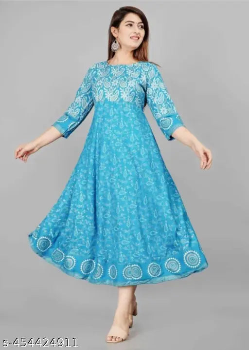 Rayon printed net three-quarter sleeve kurta, Indian fashion for women in various sizes (S-XXXXL)