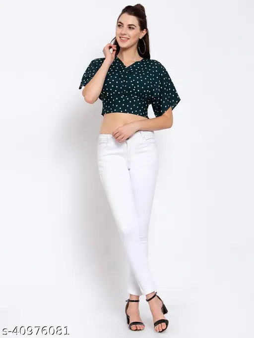 Green white polka dot printed crepe regular crop top by Style Quotient - Polyester, short sleeves, M (bust 36in, length 18in), L (bust 39in, length 19in)