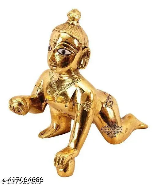 Ladoo Gopal statue, gold finish, brass. Janmashtami deity for home temple decoration.