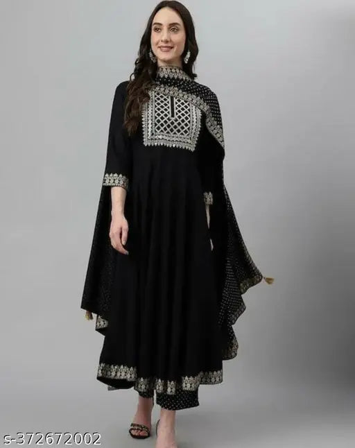Black rayon anarkali kurta set with dupatta, three-quarter sleeves, solid pattern for women