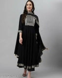 Black rayon anarkali kurta set with dupatta, three-quarter sleeves, solid pattern for women