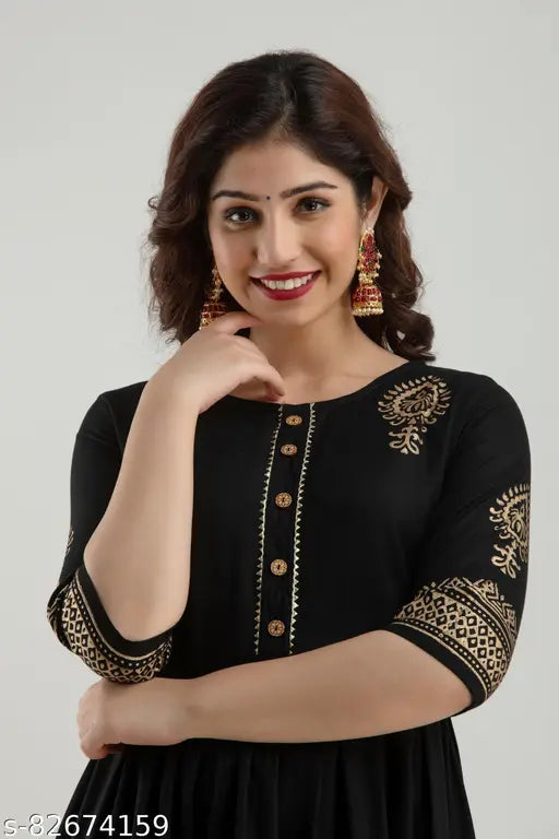 Rayon printed long flared Anarkali Kurtis, women's single-sized M, L, XL, XXL with black print and three-quarter sleeves, made in India