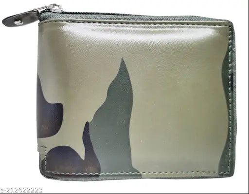 Brown faux leather bifold compact wallet with ID window, coin pocket, and multiple card slots. Top-selling trendy men's wallet for formal or casual events. Printed net pattern, free size (12cm x 9cm), featuring 4 credit card slots, 2 secret compartments, 2 money compartments, and a zipper coin pocket. Ideal for travel and everyday use. Made in India