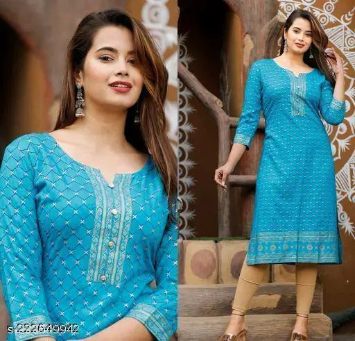 Aqua print rayon kurti, three-quarter sleeve, sky blue printed combo, Indian fashion on mannequin