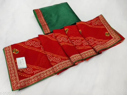 Marwari saree with red border, green pallu, in Ranisatiya style, with heavy mono banglori silk blouse, six yards long