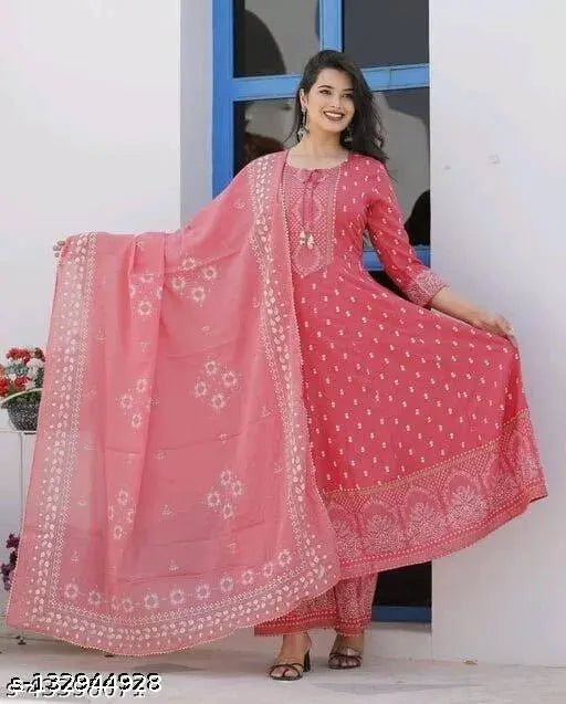 Rayon printed Anarkali dupatta set with three-quarter sleeves - Indian women's fashion, rayon fabric