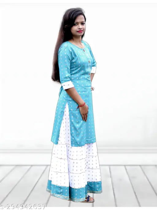 Embellished cotton blend kurta sets for girls, trendy straight top and skirt set in shades of New Era, Indian origin