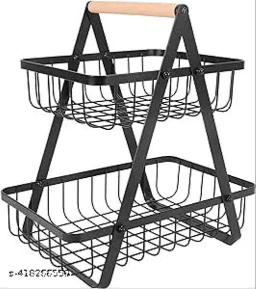 A black double layer kitchen fruit holder rack with a wooden handle