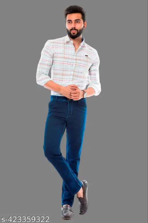 Dark blue denim men's regular fit jeans, stylish and unique with stretchable fabric for versatile wear. Available in sizes 48 (W10 L41 H53), 50 (W10 L41 H55), 52 (W10 L41 H57). Made in India