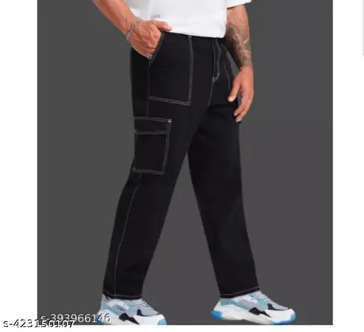 Solid denim, abstract patterned cargo jeans for men and women, 6 pockets, trendy wear, size 26-32, Indian origin
