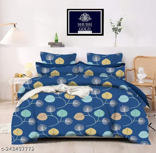 White Glace Cotton, superfine polycotton double bedsheet with 2 botanical pillow covers - ideal for summer, adult use