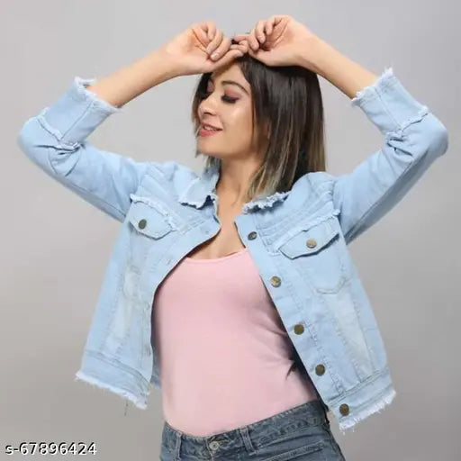 Light blue denim teen patti jacket for women, solid pattern, three-quarter sleeves. Exclusive Indian-made denim jacket for casual wear." (123 characters)