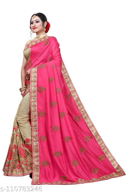 Woven Bollywood Cotton Silk Saree (Pink Beige), Vichitra silk, embellished floral pattern, beautiful for Indian occasions