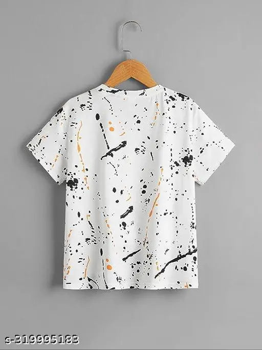 White cotton half sleeve t-shirt with all-over print, perfect for casual wear and machine/hand washable. Made by Brand Tree Shop in India