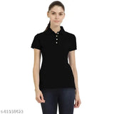 Black women's cotton short sleeve t-shirts, solid color with 4-button plackets and brand logo, comfortable poly-cotton fabric from Cotton'S Fashion