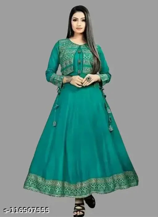 Rama green rayon Anarkali kurti, three-quarter sleeves with gold lace border - Women's ethnic party wear jacket