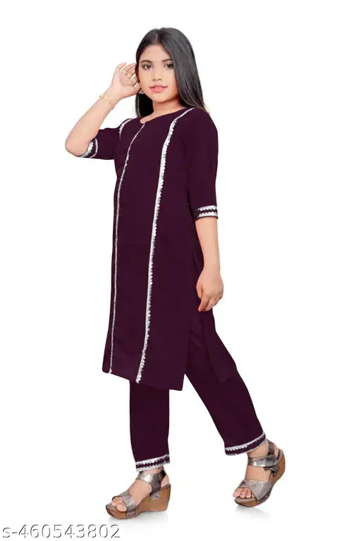 kids girls aari kurta set in crepe fabric, self-design mirror work, straight pyjama style for ages 4-16, Indian traditional clothing