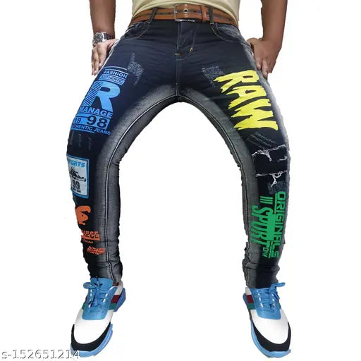 Cotton blend placement print jeans, stylish and funky for active everyday life. Fits sizes 28, 30, 32, made in India