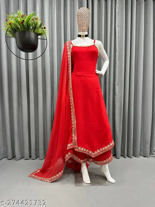 Faux Georgette Kurti Plazzo Set, solid net, embroidered sleeveless kurta with matching palazzos, single size S or XL, 2.20m length, made in India