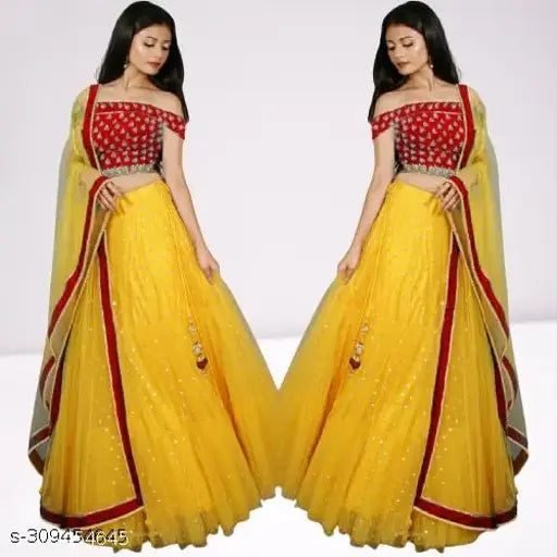 Embroidered net semi-stitched lehenga choli with lace dupatta, satin fabric and heavy embroidery work, Indian bridal wear