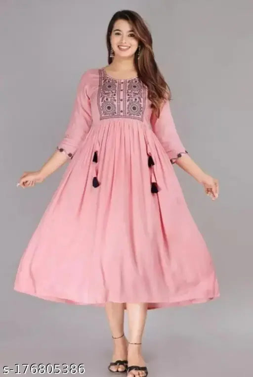 Peach embroidered anarkali kurta with button closure