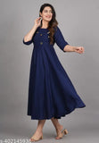 Blue viscose rayon anarkali gown for partywear, three-quarter sleeves, solid design on mannequin