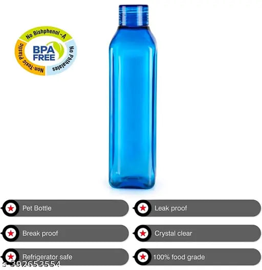 Blue food grade plastic fridge water bottles set, leak-proof and break-proof for home, office, gym, school, and picnics (pack of 6, 1L)