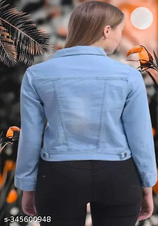 Fashionable comfortable blue denim jacket, long sleeves, double breast pockets