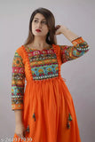 Orange rayon anarkali, three-quarter sleeves, solid pattern for casual wear & events. Lightweight, perfect fit & comfort. Pair with leggings, palazzo, or cigarette pants. Made in India