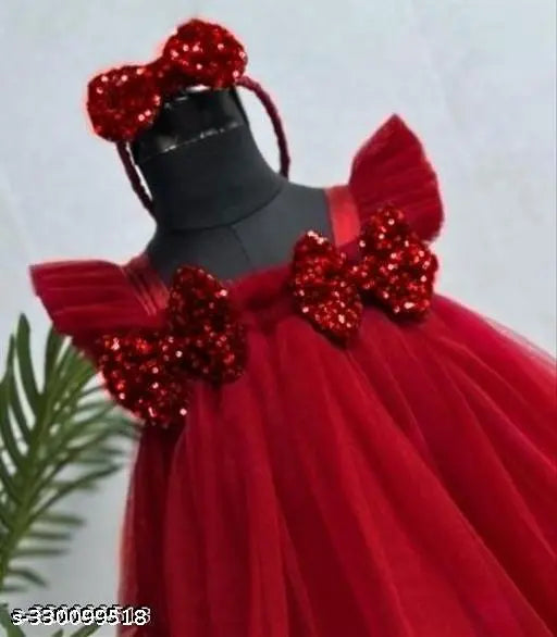 baby girls knee length fancy net bow frockdress, solid pattern, sleeveless, 0-6 years sizes available