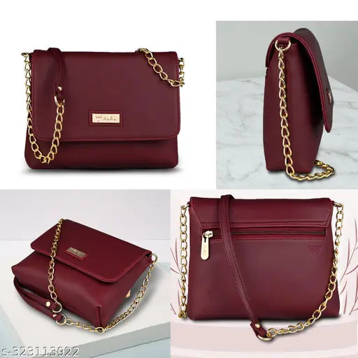 Brown faux leather trendy sling bag, metallic straps, vegan. Spacious compartment with coin pocket, phone storage, and zipper pocket. Elegant accessory for modern women