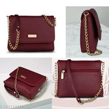 Brown trendy womens sling bag, metallic straps, vegan leather with logo charm