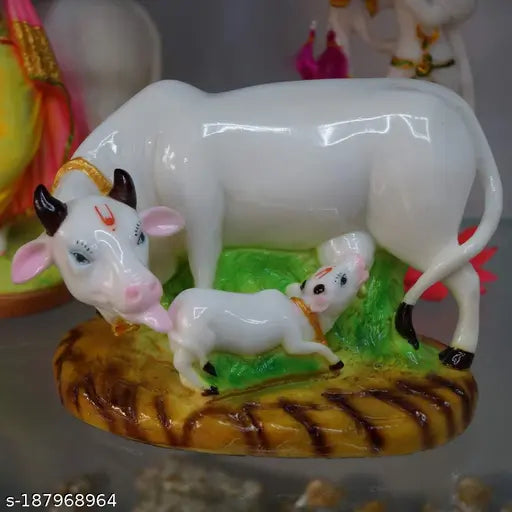 Marble Kamdhenu cow and calf statue, Indian decorative showpiece - 16 cm, cow and calf figurine on display