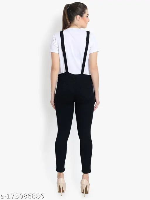 Navy blue denim dungarees, adjustable shoulder straps, high-waist, solid pattern, women's fashion