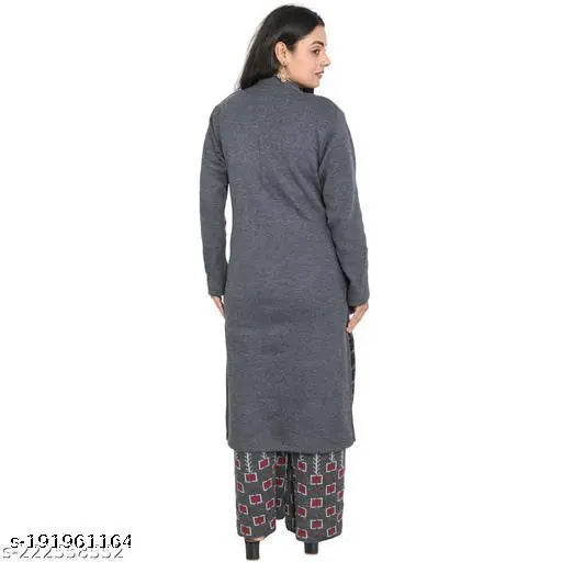 Grey wool women's Kurta with Palazzo set, featuring a woven long-sleeved design. Perfect for winter events and formal occasions. Made in India