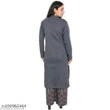 Grey wool women's Kurta with Palazzo set, featuring a woven long-sleeved design. Perfect for winter events and formal occasions. Made in India