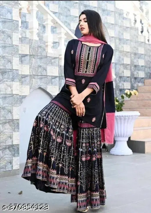 Black rayon sharara set with dupatta and bottomwear, printed pattern, three-quarter sleeves, XS to XXXXL sizes, India origin