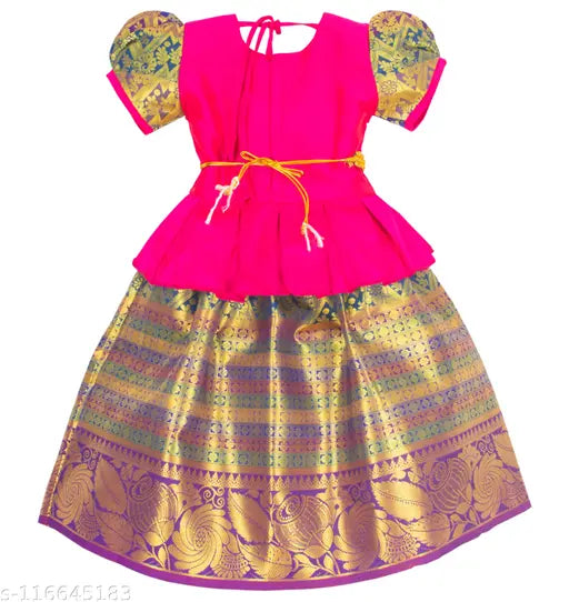 Art Silk traditional Pattu Pavadai Lehenga Choli Chaniya Choli with Kamarband, embellished design, short sleeves. Indian handcrafted silken attire