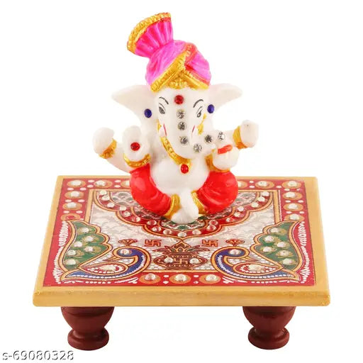 Marble Ganesh Idol with Exquisite Chowki - Premium decorative showpiece for home or temple, representing wisdom and blessings