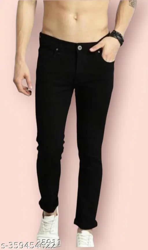Stylish black denim pants for men by JovsHil, solid wash with a shiny finish, size 26 or 28, India origin