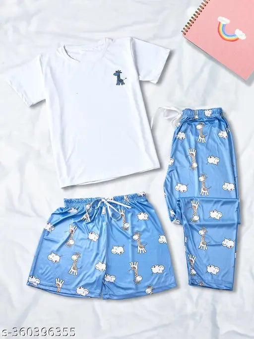 Giraffe print polycotton t-shirt, silk blend pajama and shorts night suit set with drawstring elastic waistband, luxury sleepwear from India
