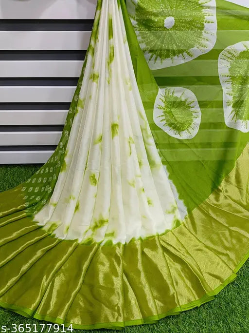 Brasso Moss Chiffon White Shiburi Print Saree - Soft, smooth, and premium quality Indian chiffon with contrast border, pallu, and blouse