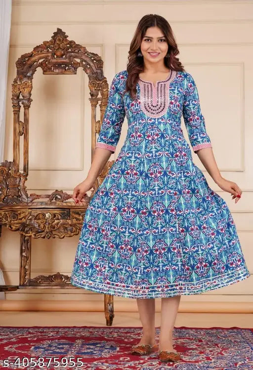 Trendy cotton embroidered anarkali kurta in floral print, size M-6XL, perfect for ethnic wear with gota detailing & 3/4 sleeves